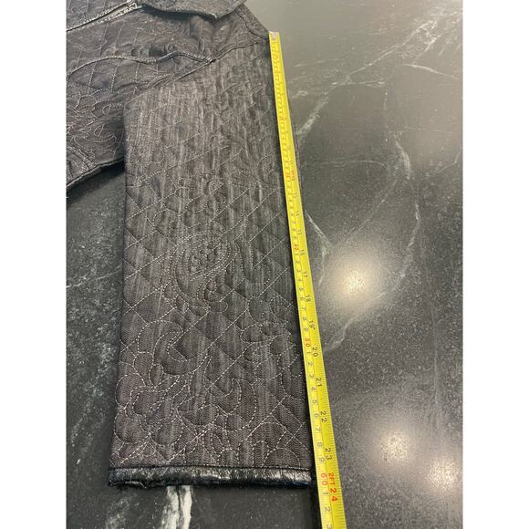 Chico's Charcoal  Black Floral Quilted Jacket Blazer 3/XL Faux Leather accents - Picture 9 of 13